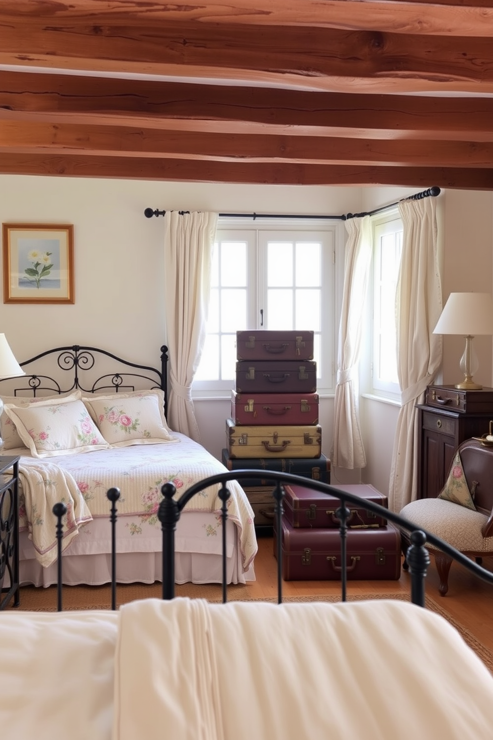 A cozy French country bedroom featuring a mix of floral and striped patterns on the bedding and curtains. The walls are painted in a soft cream color, complemented by rustic wooden beams and antique furniture. A plush quilt adorned with delicate flowers covers the bed, while striped throw pillows add a contrasting texture. A vintage dresser with ornate details sits against one wall, and a woven rug brings warmth to the wooden floor.