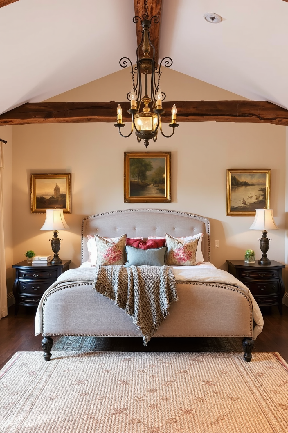 A cozy French country bedroom adorned with earthy tones in the artwork and decor. The walls are painted in soft beige, complemented by rustic wooden beams and a vintage chandelier hanging from the ceiling. A large upholstered bed with a floral pattern sits at the center, flanked by antique nightstands holding elegant lamps. Textured throw pillows and a chunky knit blanket add warmth to the space, while a woven area rug anchors the room.