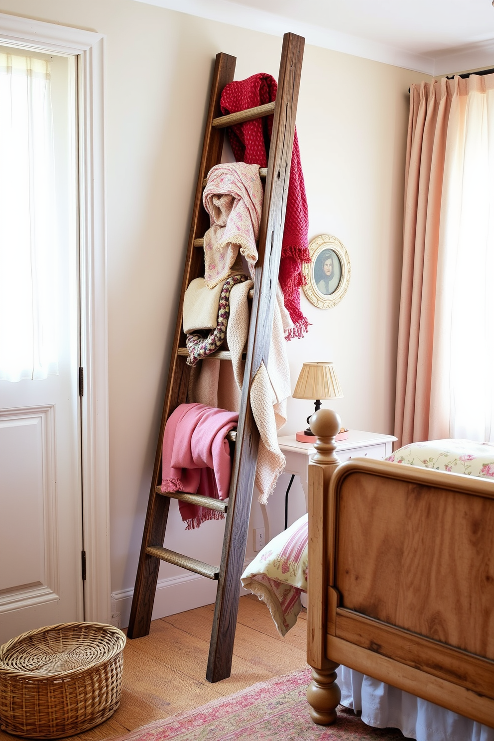 A charming rustic ladder made of reclaimed wood leans against a wall, adorned with cozy blankets in various textures and colors. The surrounding space features soft pastel walls, a vintage wooden bedframe, and floral-patterned linens that evoke a warm, inviting atmosphere. The room is illuminated by natural light streaming through sheer curtains, enhancing the cozy ambiance. A small bedside table holds a rustic lamp, while a woven basket sits on the floor, adding to the country charm of the French-inspired design.