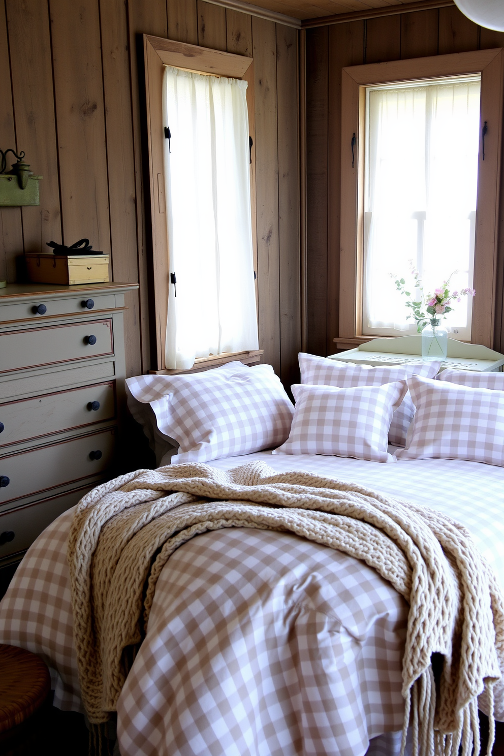 A cozy bedroom featuring gingham check patterns in soft pastel colors. The bedding includes a gingham duvet cover, complemented by matching throw pillows and a cozy knit blanket draped at the foot of the bed. The walls are adorned with rustic wooden paneling, enhancing the French country aesthetic. A vintage wooden dresser and a charming bedside table complete the look, topped with a delicate vase of fresh flowers.