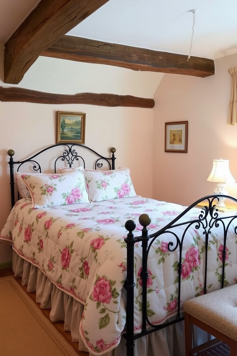 Charming floral patterned bedding sets adorn a cozy French Country bedroom. The room features soft pastel colors on the walls, with rustic wooden beams visible on the ceiling. A vintage wrought iron bed frame is dressed with a quilted floral duvet and matching pillows. A small bedside table holds a delicate porcelain lamp, casting a warm glow across the room.