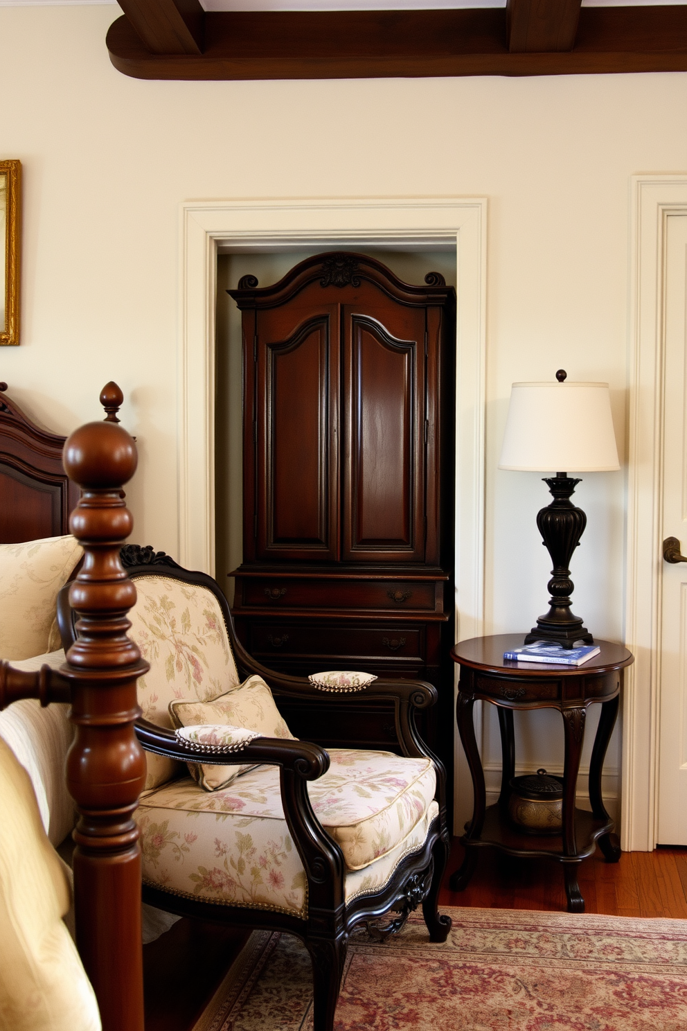 A cozy bedroom setting that embodies French country charm. The walls are adorned with soft pastel hues and rustic wooden beams, creating a warm and inviting atmosphere. Personalized photo frames with vintage flair are placed on a distressed white bedside table. A plush, floral-patterned quilt covers the bed, complemented by lace-trimmed pillows and a vintage chandelier hanging above.