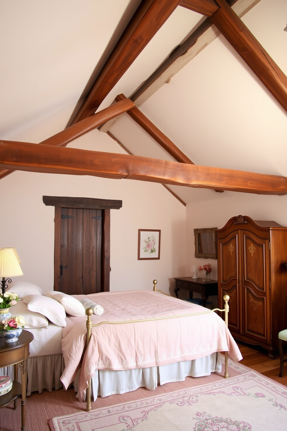 Rustic wooden beams stretch across the ceiling, adding warmth and character to the space. The beams contrast beautifully with the soft, muted colors of the walls, creating a cozy and inviting atmosphere. The bedroom features a charming French country style with vintage furniture and floral accents. A plush bed is adorned with delicate linens, while a vintage armoire adds storage and elegance to the room.