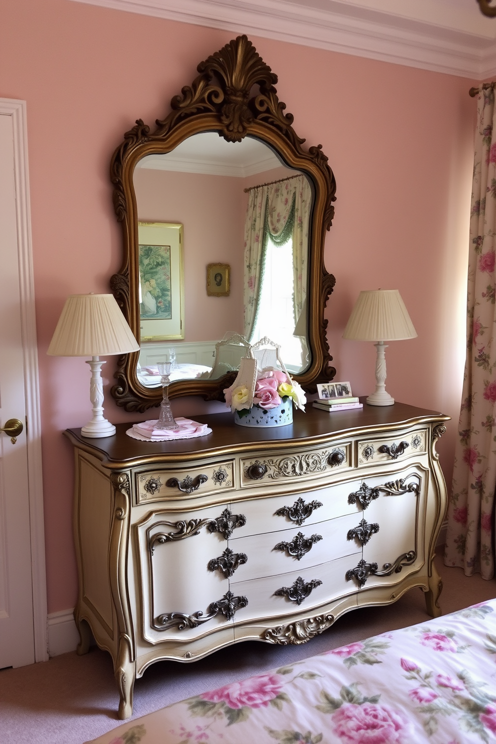 A charming French country bedroom features an antique dresser with intricate carvings and a large ornate mirror above it. The walls are painted in soft pastel hues, complemented by floral patterns on the bedding and curtains.