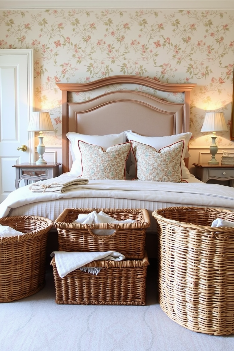 A cozy French country bedroom featuring a large, lush area rug with intricate floral patterns in soft pastel colors. The room is adorned with rustic wooden beams, a vintage wrought-iron bed, and soft linen curtains that gently filter the sunlight.