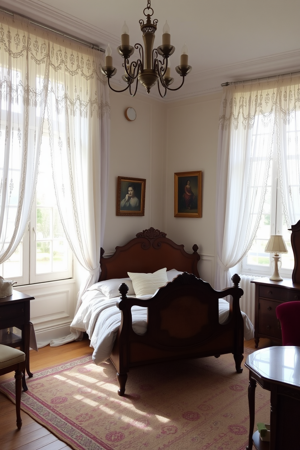 A charming French country bedroom adorned with delicate lace curtains that gently filter the light. The room features a vintage wooden bed with an ornate headboard, dressed in soft pastel linens and surrounded by rustic furniture.