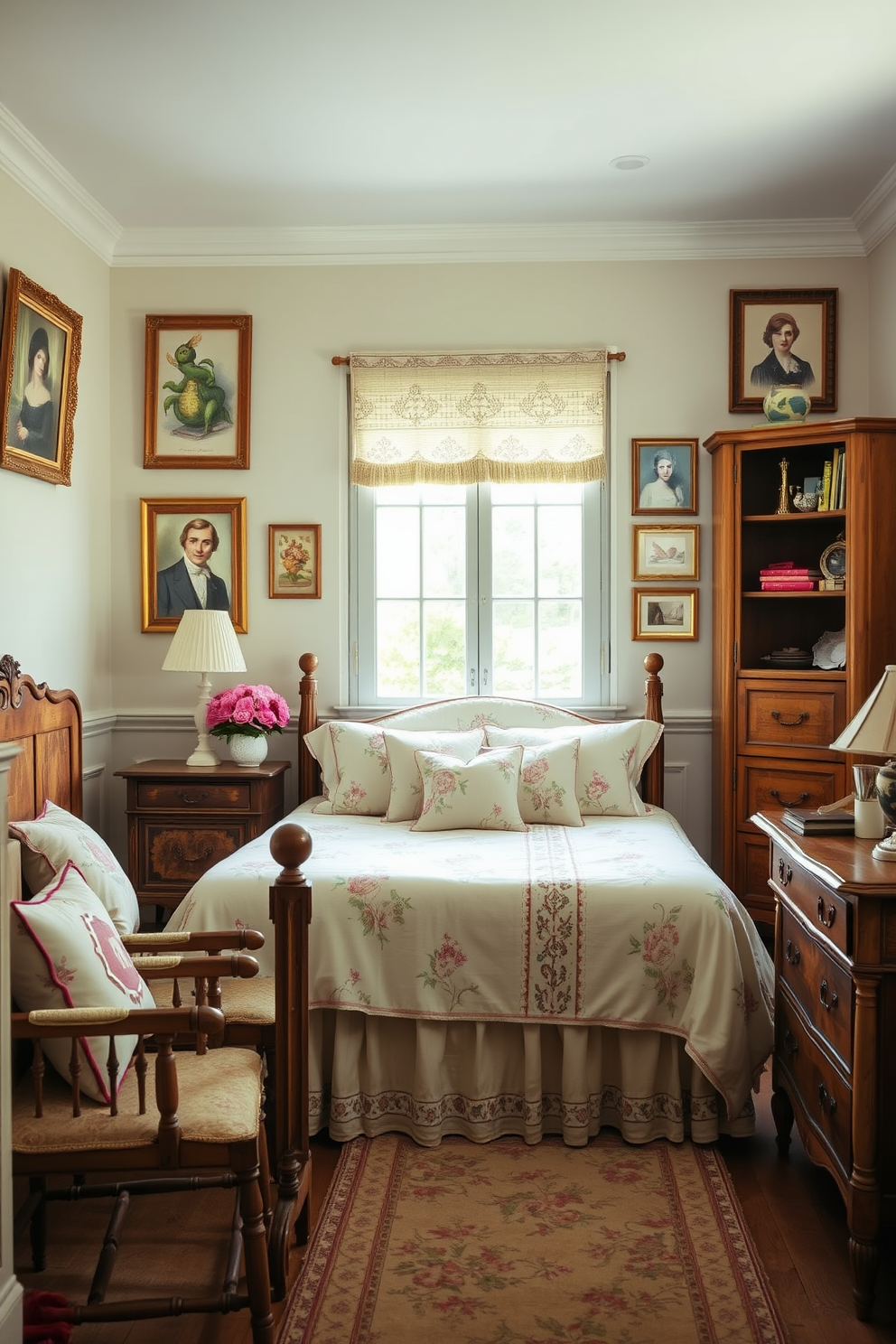 A charming French country bedroom featuring vintage art prints adorning the walls. The room is filled with soft pastel colors, rustic wooden furniture, and delicate floral patterns that evoke a sense of warmth and coziness.