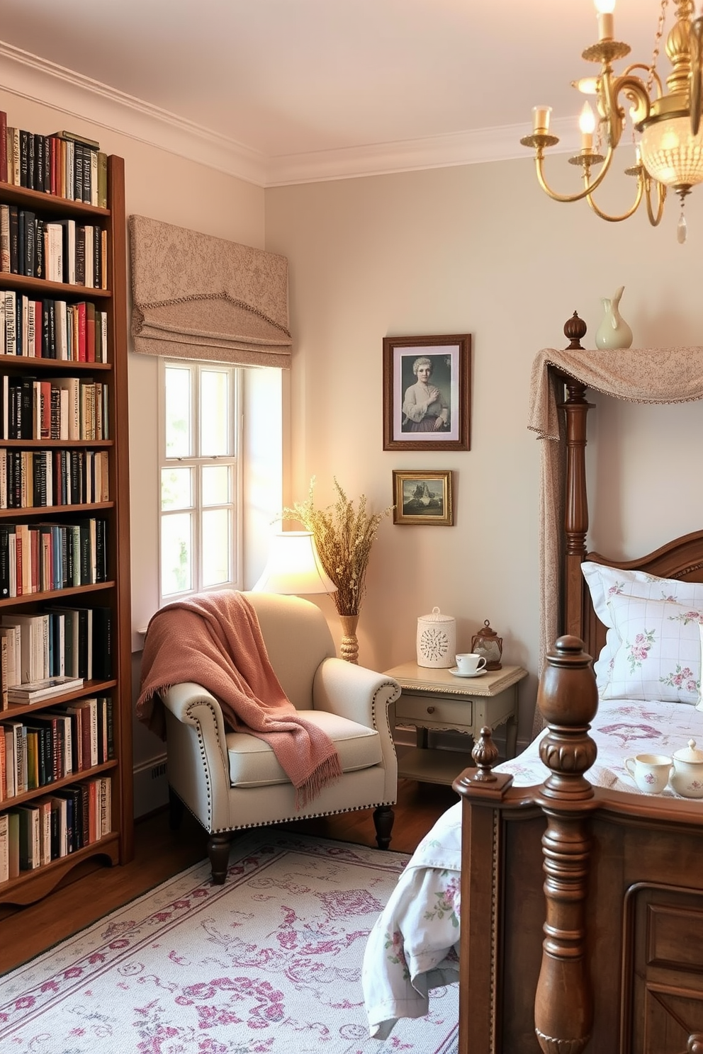 A cozy reading nook features a plush armchair upholstered in soft fabric, positioned next to a tall bookshelf filled with an array of books. A warm throw blanket drapes over the armchair, and a small side table holds a steaming cup of tea and a reading lamp that casts a gentle glow. The French country bedroom showcases a rustic wooden bed frame adorned with delicate floral bedding. Soft pastel colors on the walls complement vintage decor elements, while a charming chandelier hangs from the ceiling, adding an elegant touch.