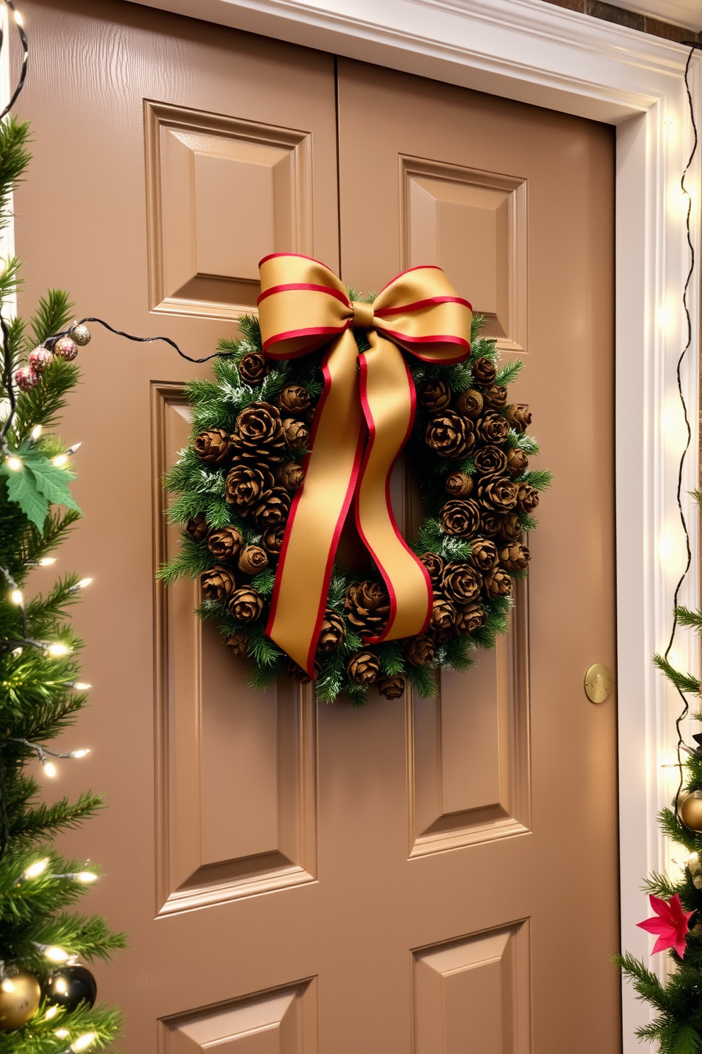 A classic front door adorned with a lush green wreath featuring a vibrant red ribbon bow tied elegantly at the top. The door is painted in a rich navy blue, providing a striking contrast to the festive decor.