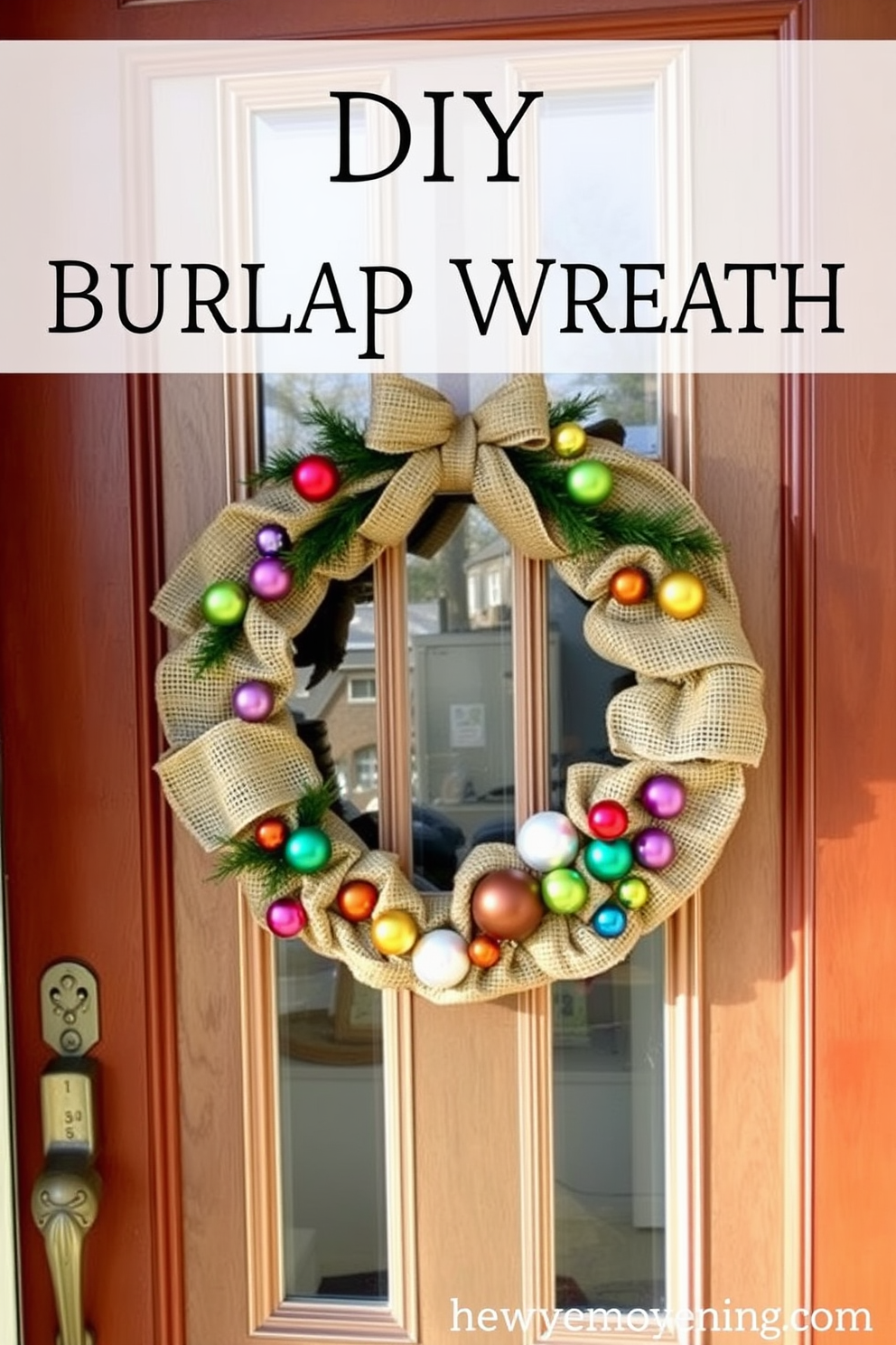 A charming front door adorned with a DIY burlap wreath embellished with colorful ornaments. The wreath features a mix of rustic burlap and vibrant decorations, creating a festive and inviting atmosphere for the holiday season.