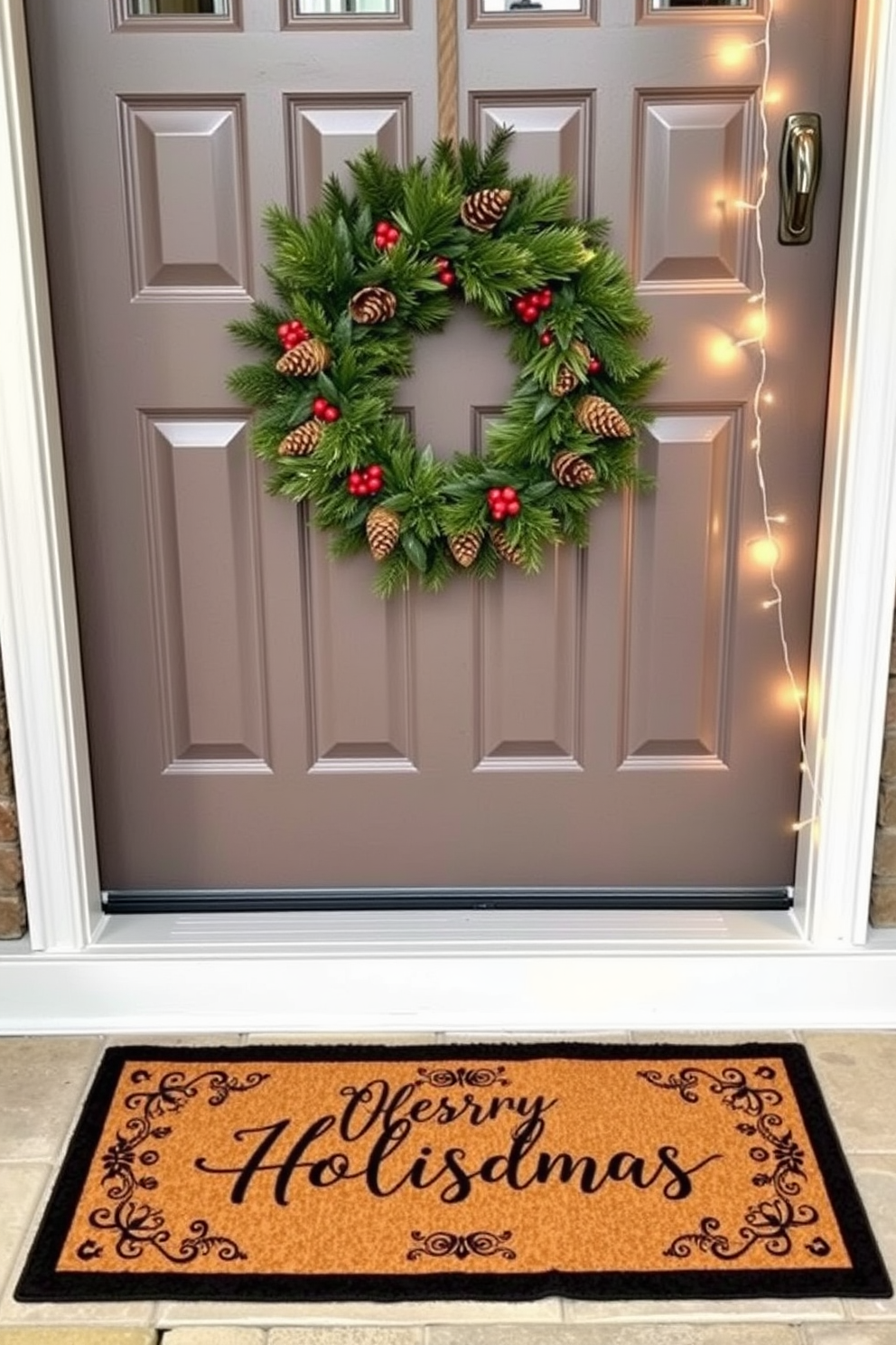 A holiday themed doormat welcomes guests with a festive greeting. The front door is adorned with a beautiful wreath made of pinecones and red berries, complemented by string lights that add a warm glow.