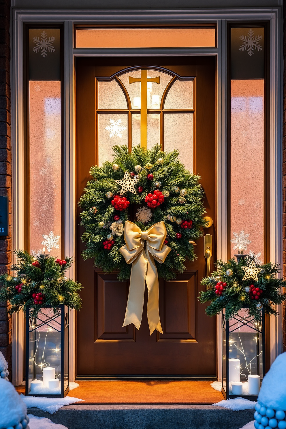 Frosted window decorations for charm create a magical winter atmosphere. Delicate snowflake patterns adorn the glass, enhancing the cozy ambiance of the room. Front door Christmas decorating ideas feature a lush evergreen wreath adorned with red berries and a large gold bow. Flanking the door, two elegant lanterns filled with twinkling fairy lights welcome guests with warmth and cheer.