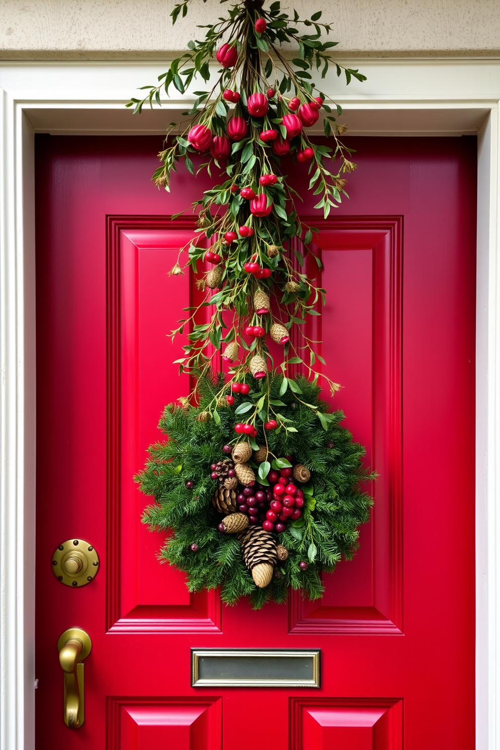 A charming front door adorned with fresh mistletoe hanging elegantly above. The door is painted a festive red, complemented by a wreath of pinecones and berries, creating a warm holiday welcome.