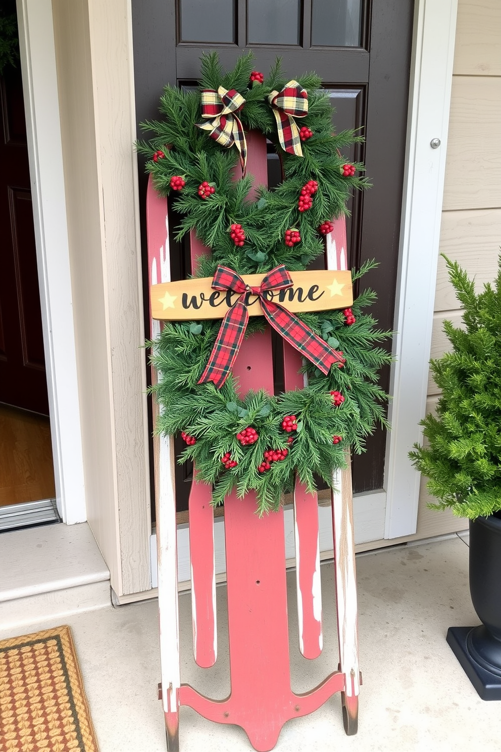 A charming DIY wreath made from recycled materials is displayed on a front door. The wreath features an array of colorful ornaments, twigs, and natural elements, creating a festive and eco-friendly holiday welcome. The front door is adorned with warm string lights that outline the entrance, enhancing the Christmas spirit. A small potted evergreen sits beside the door, adding a touch of greenery to the festive decor.