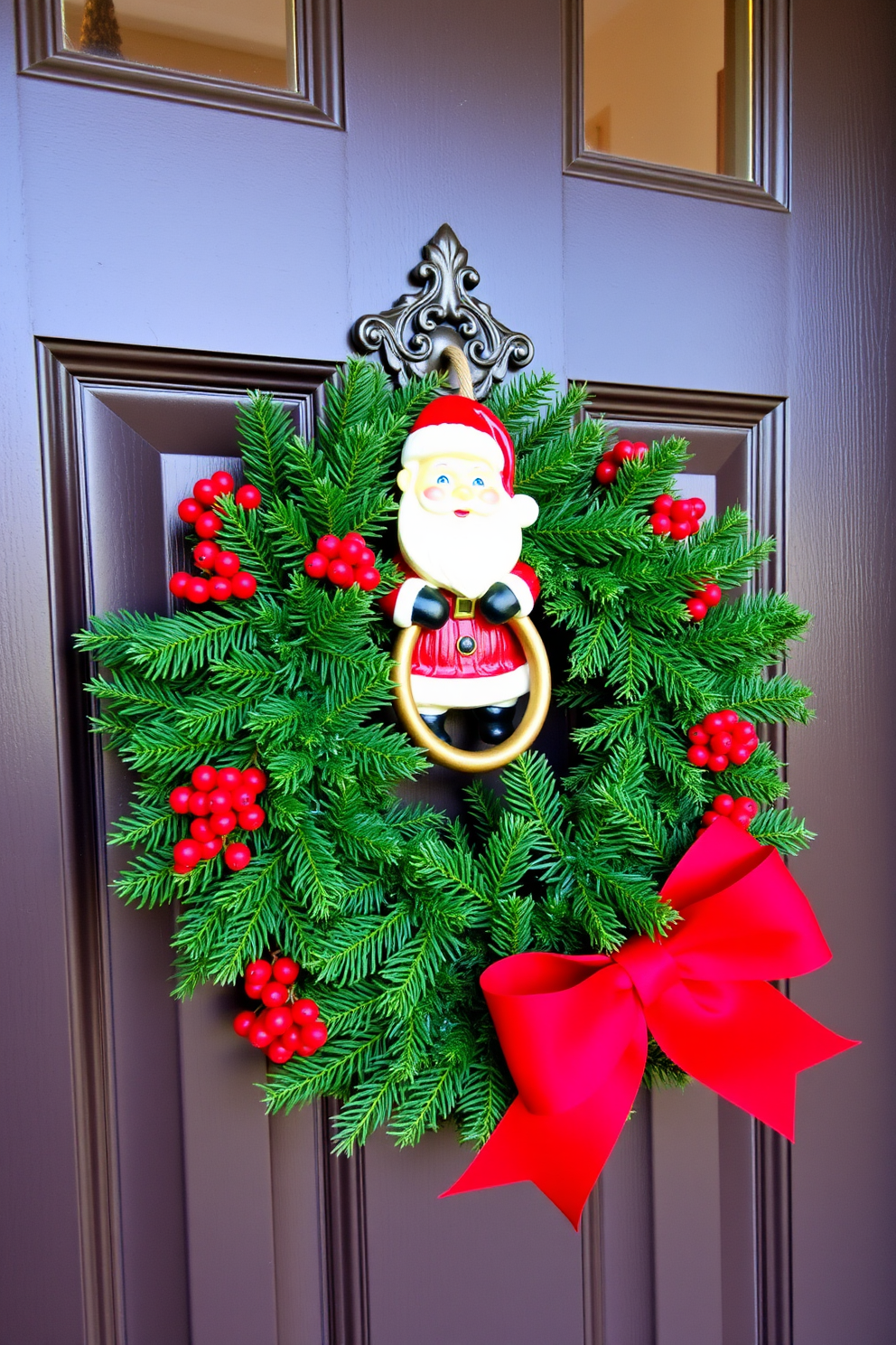 A charming winter scene painted on a wooden board features snow-covered trees and a cozy cottage with smoke curling from the chimney. The soft colors and intricate details create a warm and inviting atmosphere that captures the essence of the season. The front door is adorned with festive decorations, including a lush green wreath embellished with red berries and a large plaid bow. Flanking the door are two elegant lanterns filled with twinkling fairy lights, adding a magical glow to the entrance.