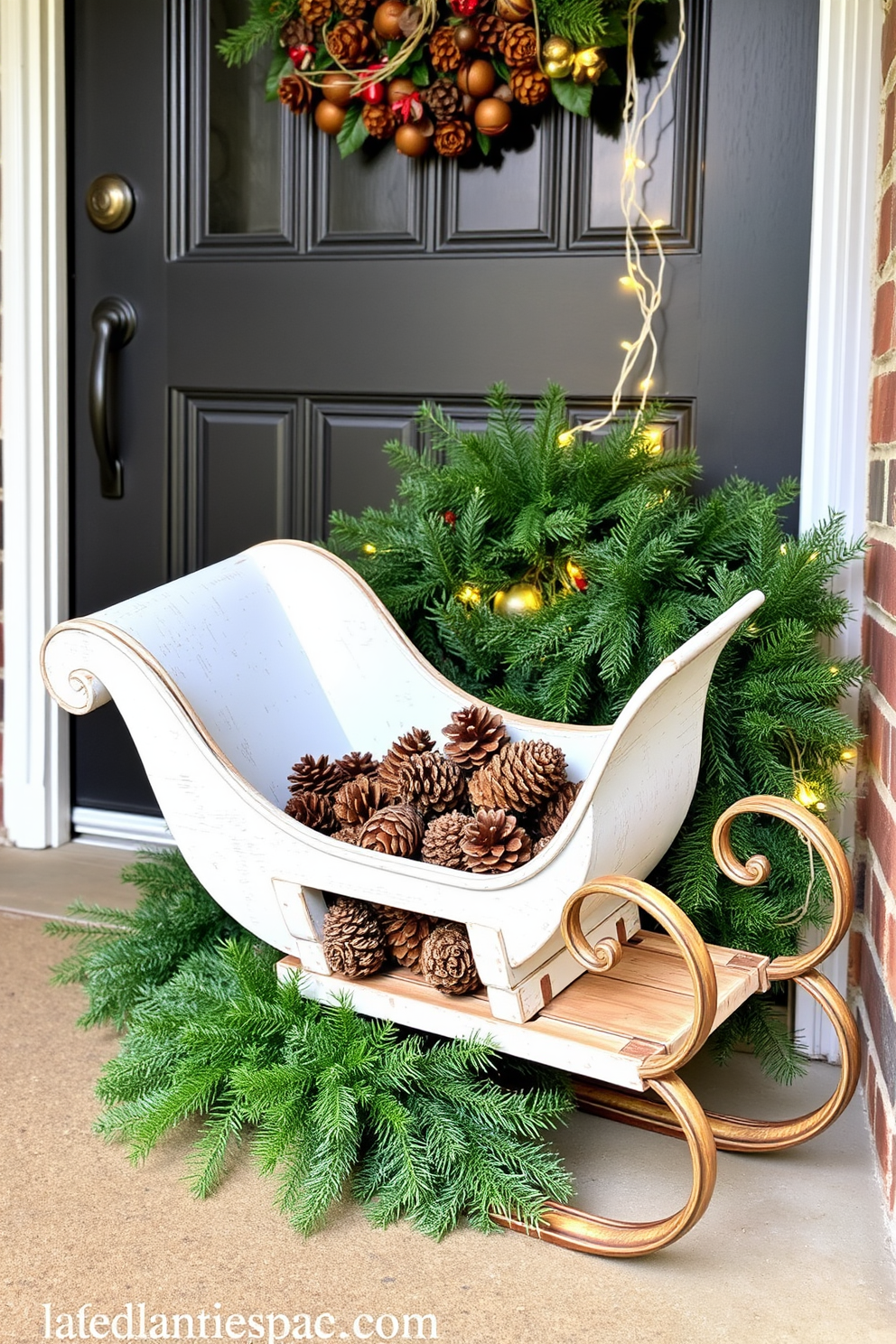 A charming front door adorned with a decorative sleigh filled with an assortment of pinecones. The sleigh is nestled against the door, surrounded by lush greenery and twinkling fairy lights for a festive touch.