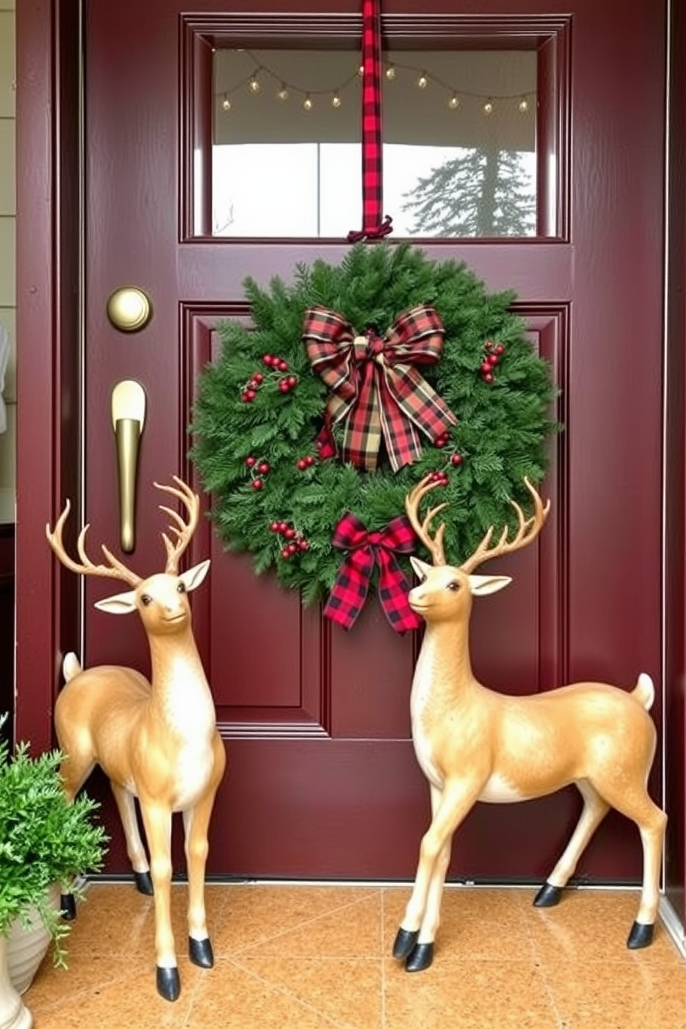 Charming reindeer figures stand elegantly by the door, welcoming guests with a festive spirit. The front door is adorned with a lush green wreath, embellished with red berries and a plaid ribbon for a cozy holiday touch.