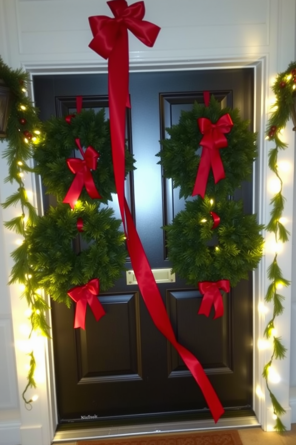 A festive front door adorned with a vibrant red ribbon cascading elegantly from the top. Surrounding the door are lush green wreaths and twinkling fairy lights that add a warm holiday glow.