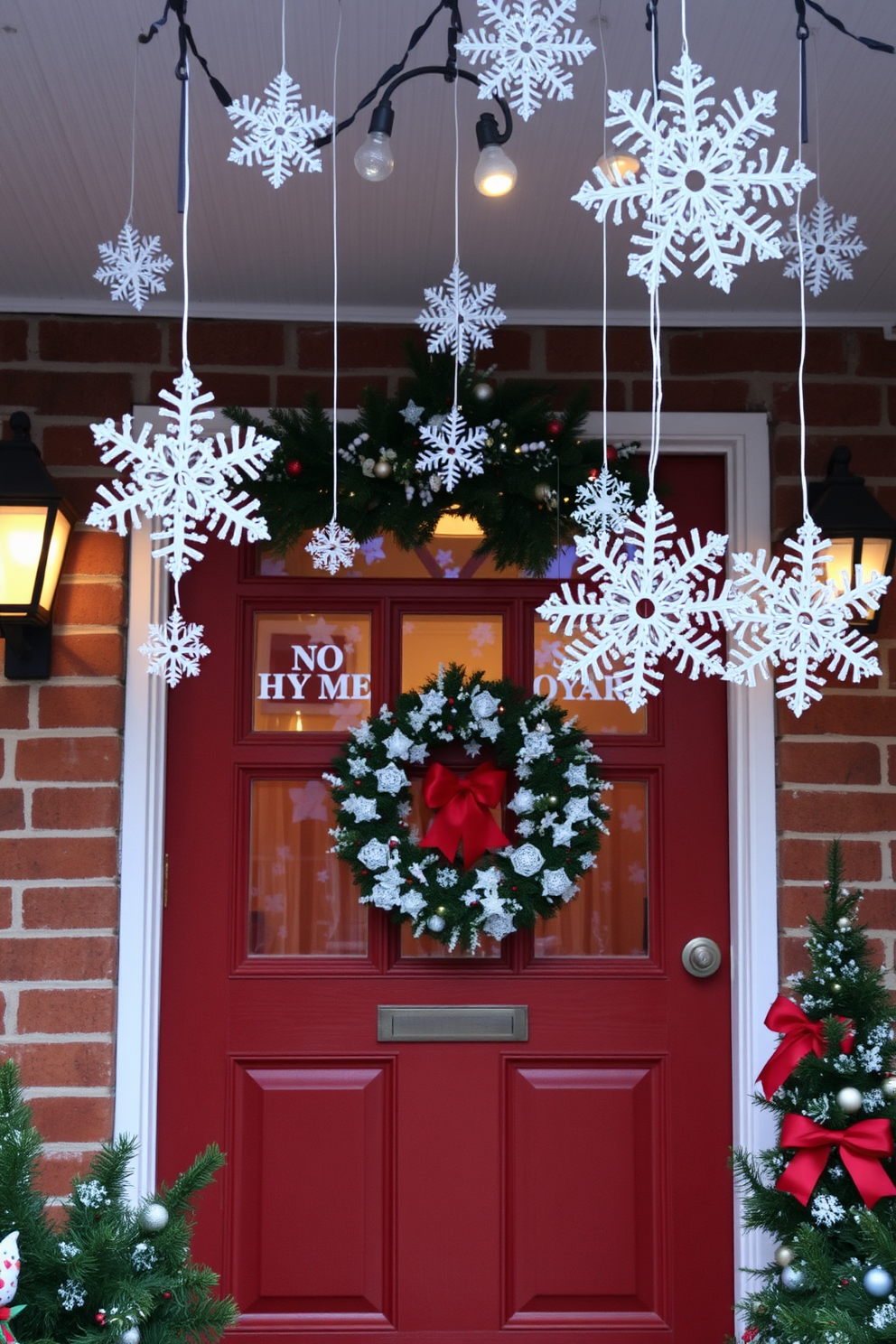 A charming front yard features a beautifully crafted wooden reindeer standing proudly amidst a blanket of fresh snow. Surrounding the reindeer are twinkling fairy lights and festive greenery that enhance the holiday spirit. The front door is adorned with a lush wreath made of pine branches and vibrant red berries. Flanking the door are elegant lanterns filled with candles, casting a warm glow that welcomes guests into the home.