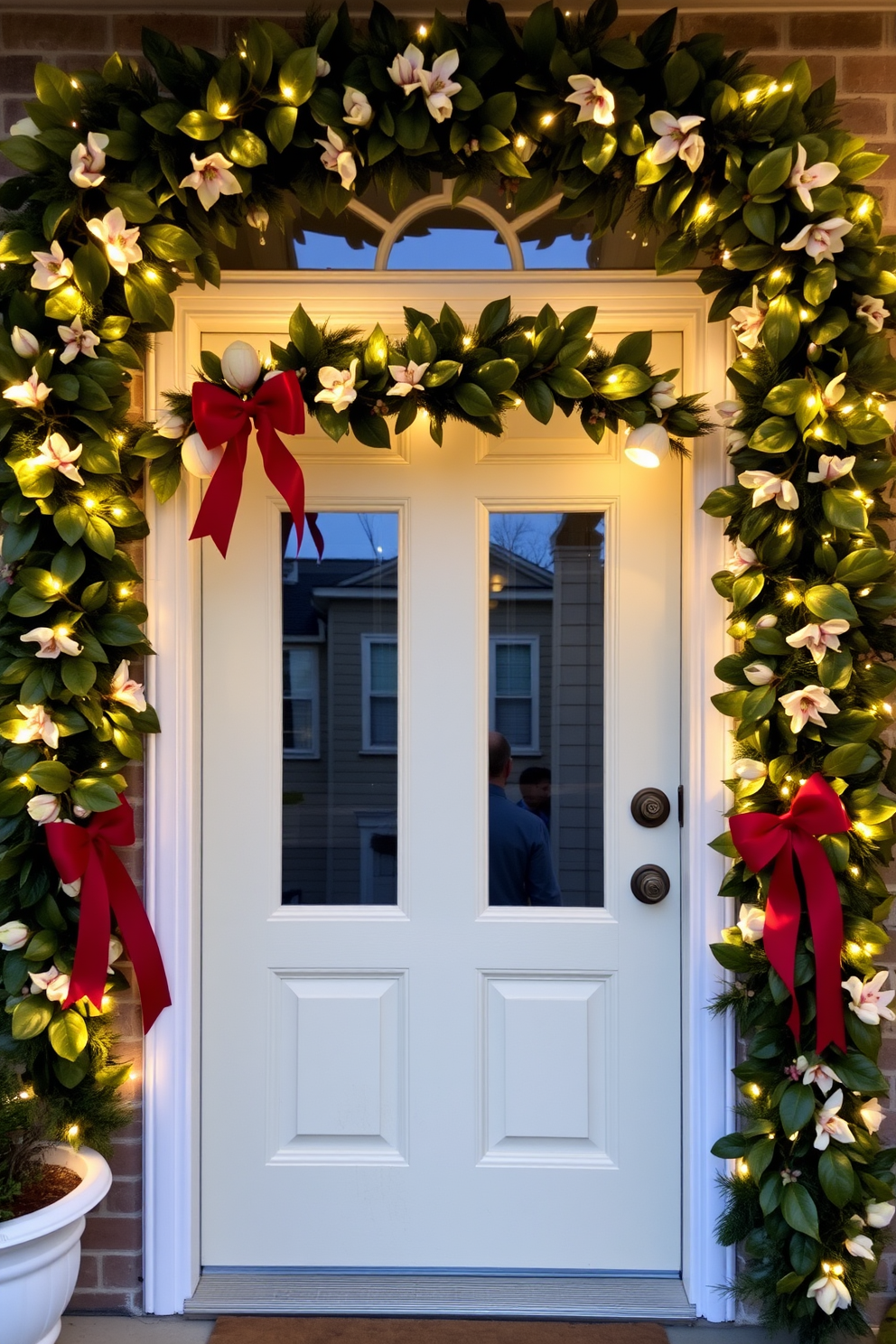 A beautiful front door adorned with a lush magnolia garland that gracefully frames the entrance. The garland is complemented by twinkling fairy lights and elegant red bows, creating a warm and inviting holiday atmosphere.