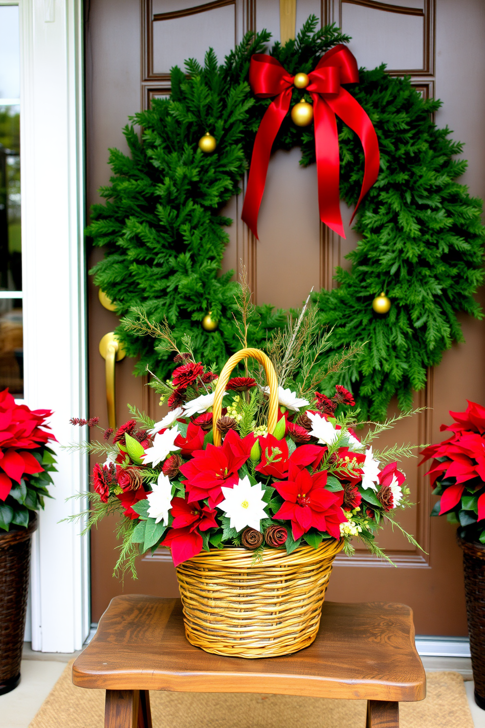 A charming front door adorned with burlap ribbon accents creates a warm and inviting holiday atmosphere. The door is framed by evergreen garlands, and a festive wreath embellished with burlap bows hangs prominently in the center.