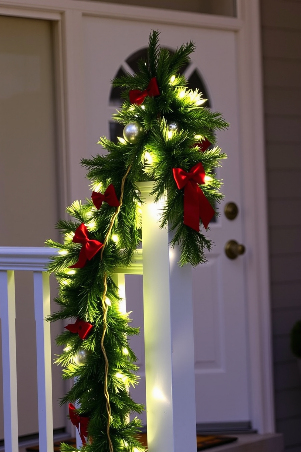 A welcoming front door adorned with potted poinsettias on either side creates a festive atmosphere. The vibrant red blooms contrast beautifully with the green foliage, enhancing the holiday spirit.