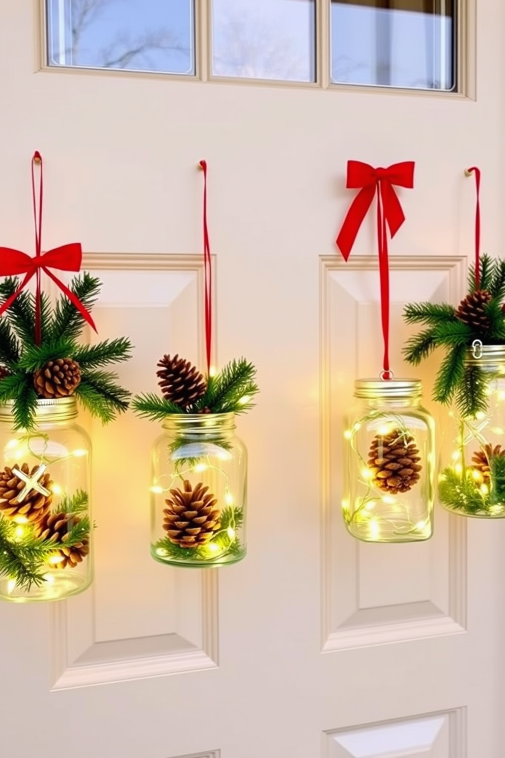 A beautifully decorated front door adorned with creative ornaments in glass jars. The jars are filled with festive greenery, pinecones, and twinkling fairy lights, creating a warm and inviting holiday entrance.