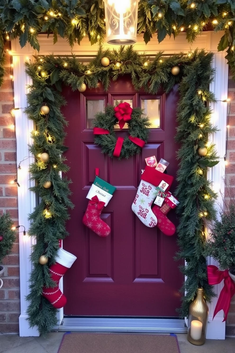 A beautifully decorated front door adorned with hanging stockings creates a warm and inviting atmosphere for the holiday season. The door is framed with lush greenery and twinkling fairy lights, while the stockings are filled with festive treats and small gifts, adding a cheerful touch to the entrance.