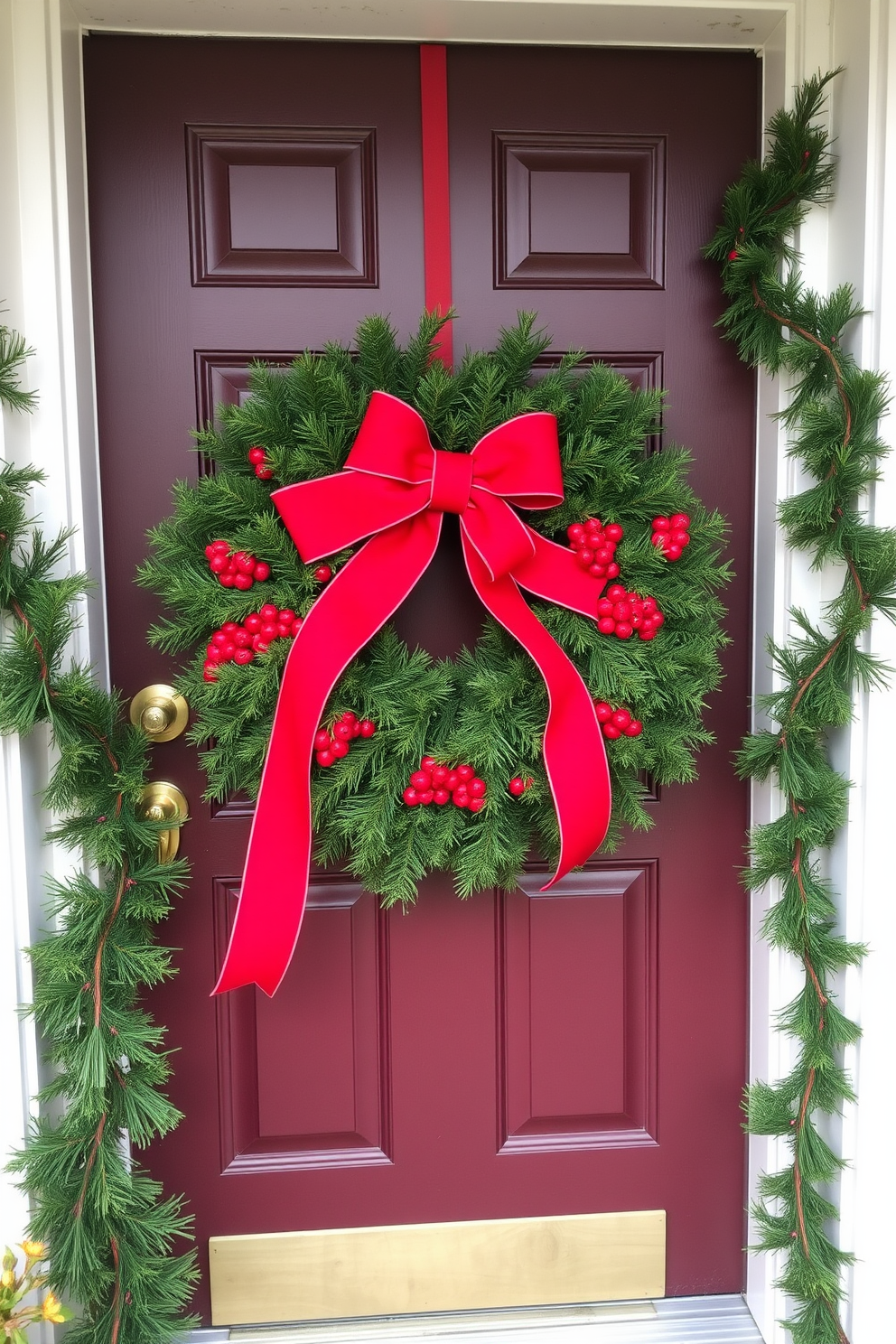 A charming front door adorned with a classic red and green color scheme. The door is decorated with a lush evergreen wreath featuring red berries and a large red bow, complemented by matching garlands draped along the door frame.