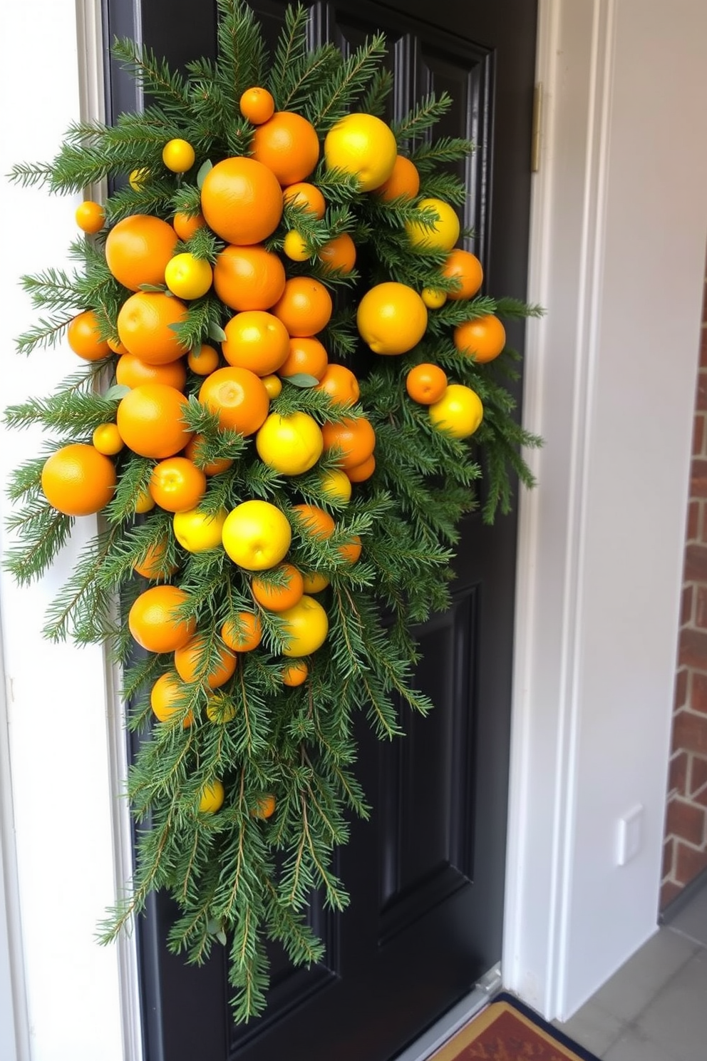 A festive front door adorned with a fresh citrus and pine boughs arrangement. The vibrant oranges and lemons are intertwined with lush green pine branches, creating a welcoming and cheerful display.