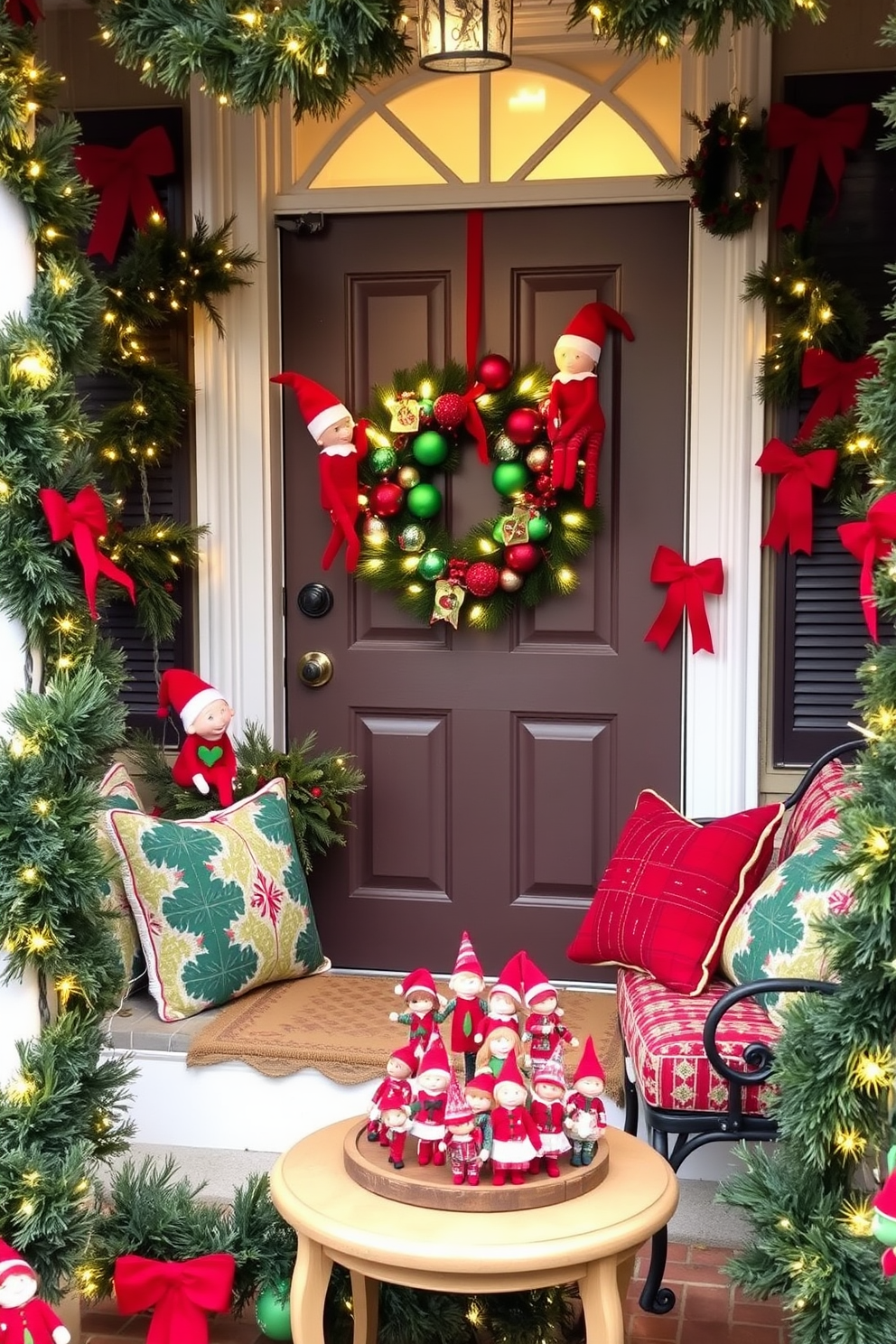 Whimsical elf decorations adorn the porch, bringing a playful touch to the holiday spirit. Colorful elves are positioned around the front door, with one perched on a festive wreath decorated with twinkling lights and cheerful ornaments. The porch is lined with garlands of greenery, accented by red bows and sparkling fairy lights. A cozy seating area features holiday-themed cushions and a small table topped with a collection of miniature elf figurines.