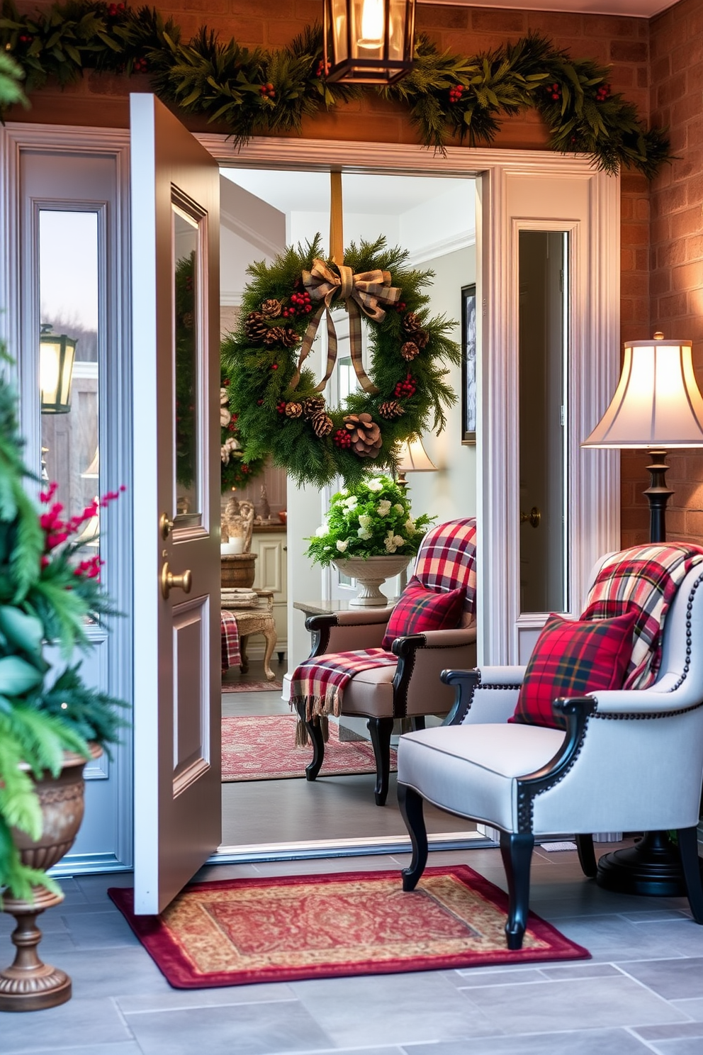 A warm and inviting entryway adorned for the holidays. The front door is beautifully decorated with a festive wreath made of pinecones and red berries, welcoming guests into a cozy atmosphere. Inside, cozy plaid blankets are draped over elegant chairs, adding a touch of warmth and comfort. Soft lighting from a nearby lamp enhances the festive spirit, creating a perfect gathering space for family and friends.