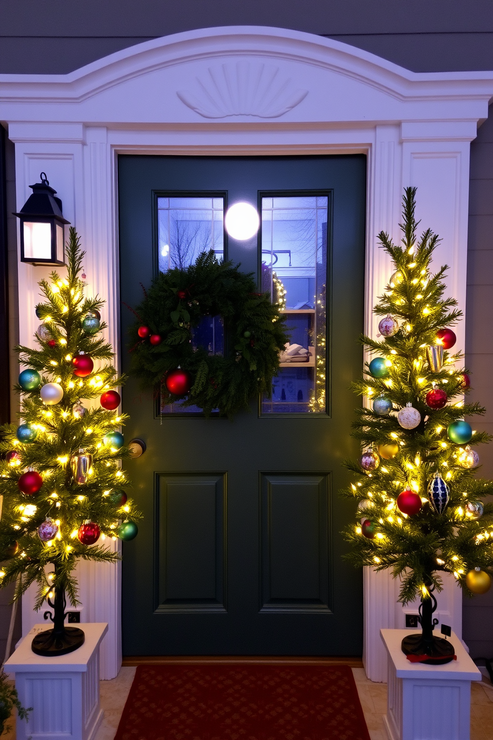 A charming front entrance adorned with miniature Christmas trees on either side of the door. Each tree is beautifully decorated with twinkling lights and colorful ornaments, creating a festive and inviting atmosphere.