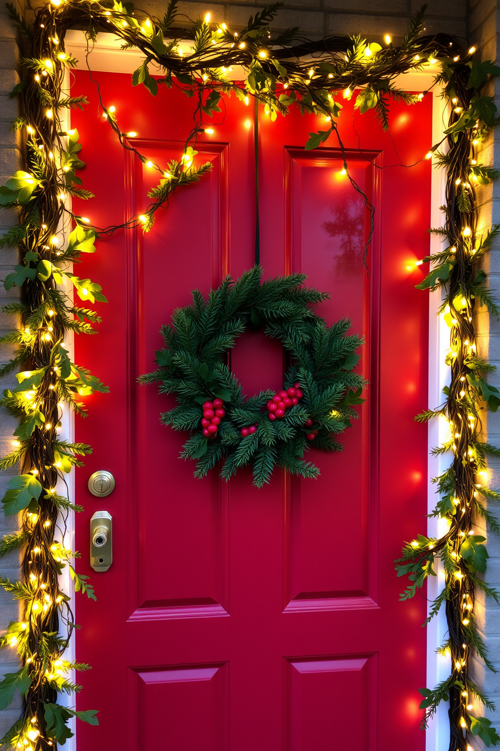 A charming front door adorned with twinkling fairy lights intertwined with lush greenery. The door is painted a festive red, and a wreath made of pine branches and berries hangs prominently in the center.