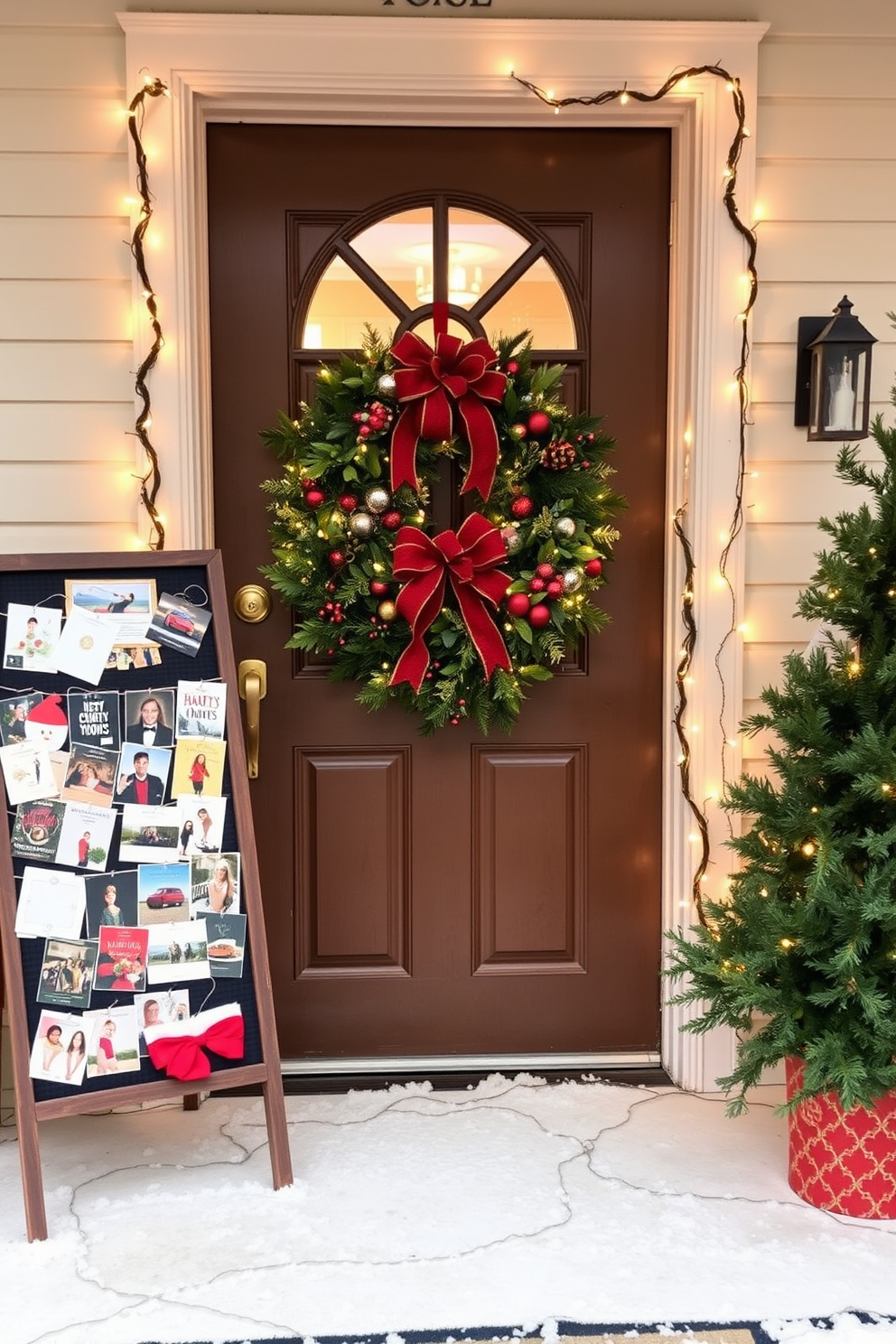 A holiday themed wreath made from fabric is elegantly displayed on a charming front door. The wreath features a mix of vibrant colors and textures, adorned with festive ornaments and a beautiful bow.