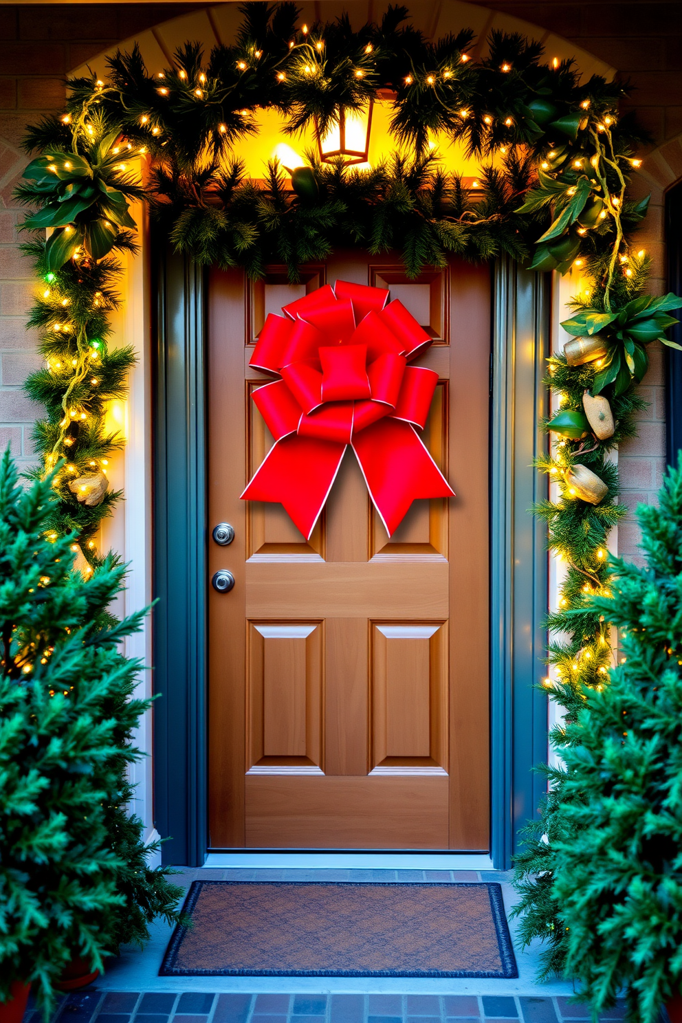 A charming front door adorned with a giant red bow that creates a festive and welcoming atmosphere. Surrounding the door, lush greenery and twinkling lights enhance the holiday spirit, inviting guests to step inside.