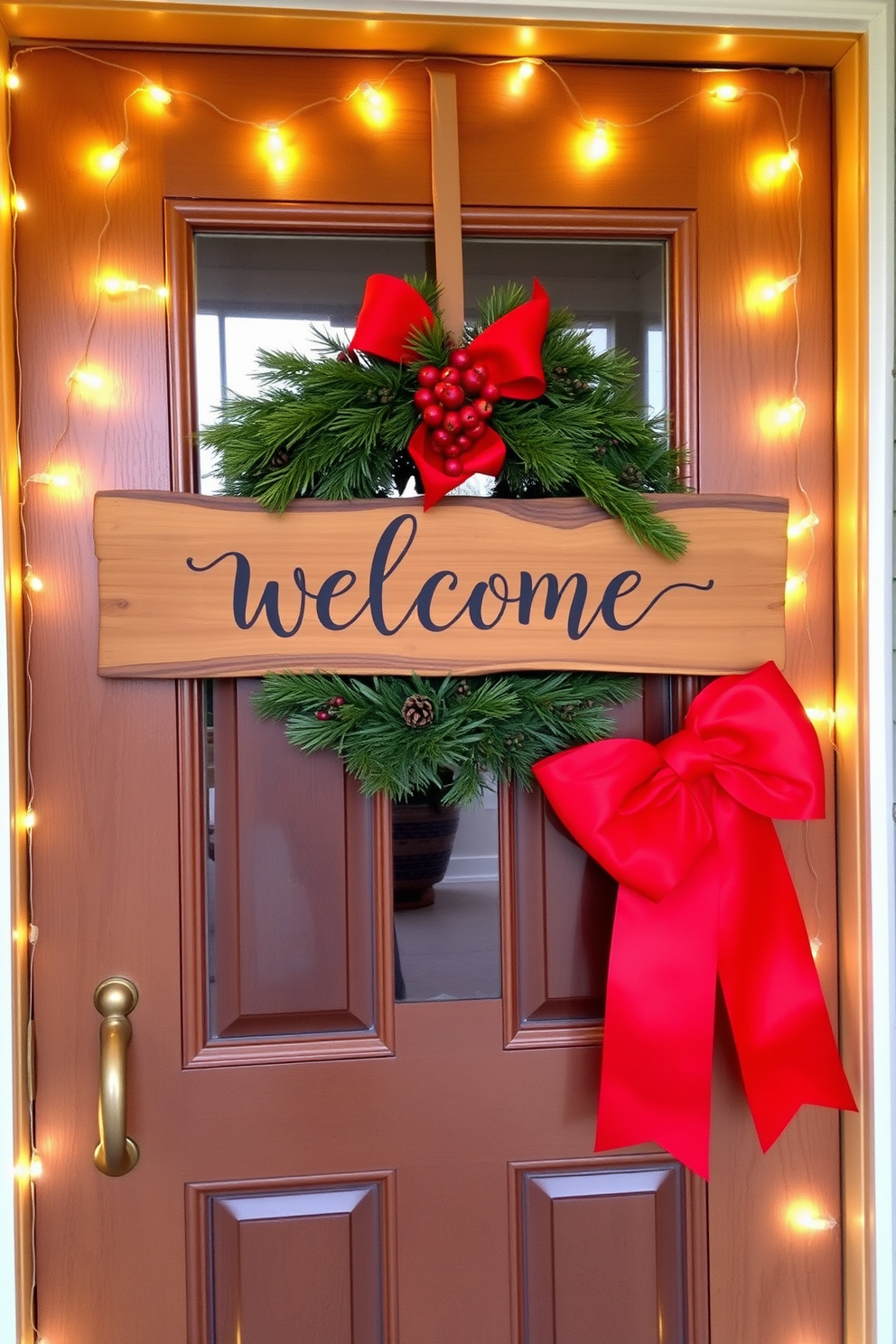 A rustic wooden welcome sign hangs on the front door, adorned with festive greenery and red berries. The sign features hand-painted lettering and is complemented by a warm, inviting wreath made of pine branches and pinecones. For Christmas decorating ideas, string lights are draped around the door frame, creating a cozy glow. A pair of oversized red bows are attached to the door handles, enhancing the holiday spirit.