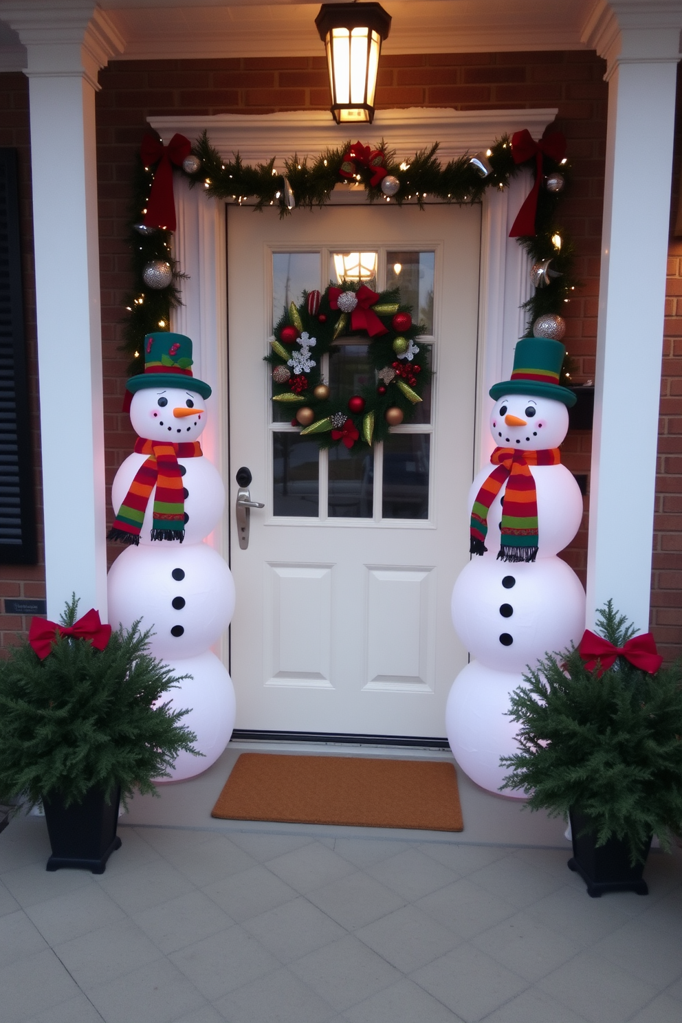 Create a festive front door setting adorned with cheerful snowman decorations on either side. The snowmen are dressed in colorful scarves and hats, welcoming guests with a joyful holiday spirit.