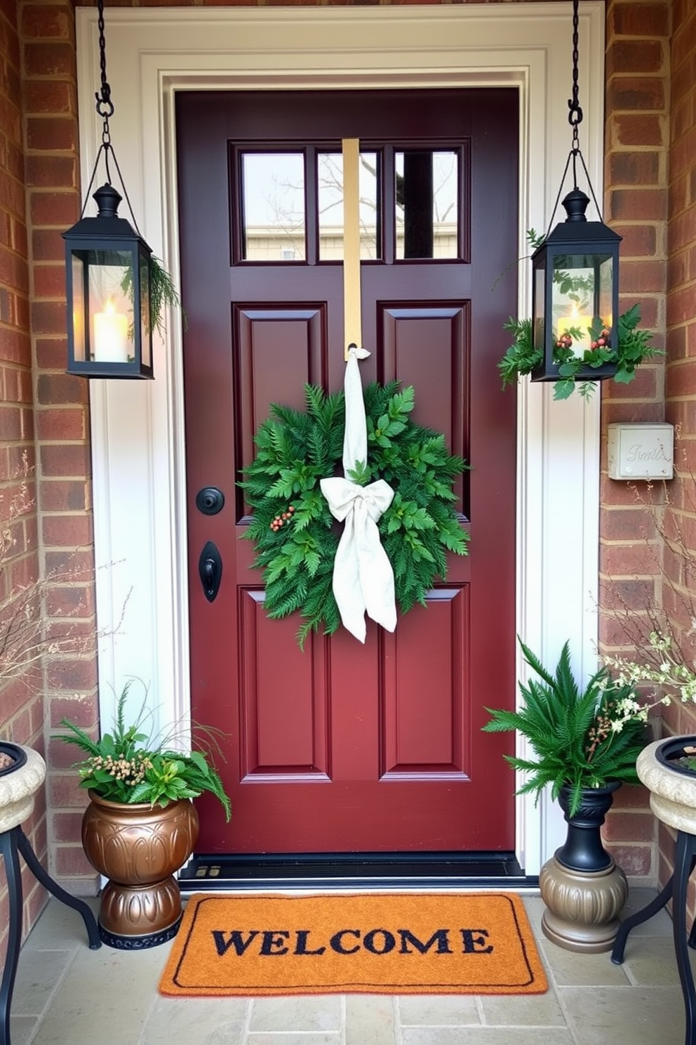 A charming front porch adorned with a rustic wooden sign featuring cheerful holiday greetings. The entrance is decorated with a vibrant wreath made of pine branches and red berries, complemented by twinkling fairy lights.