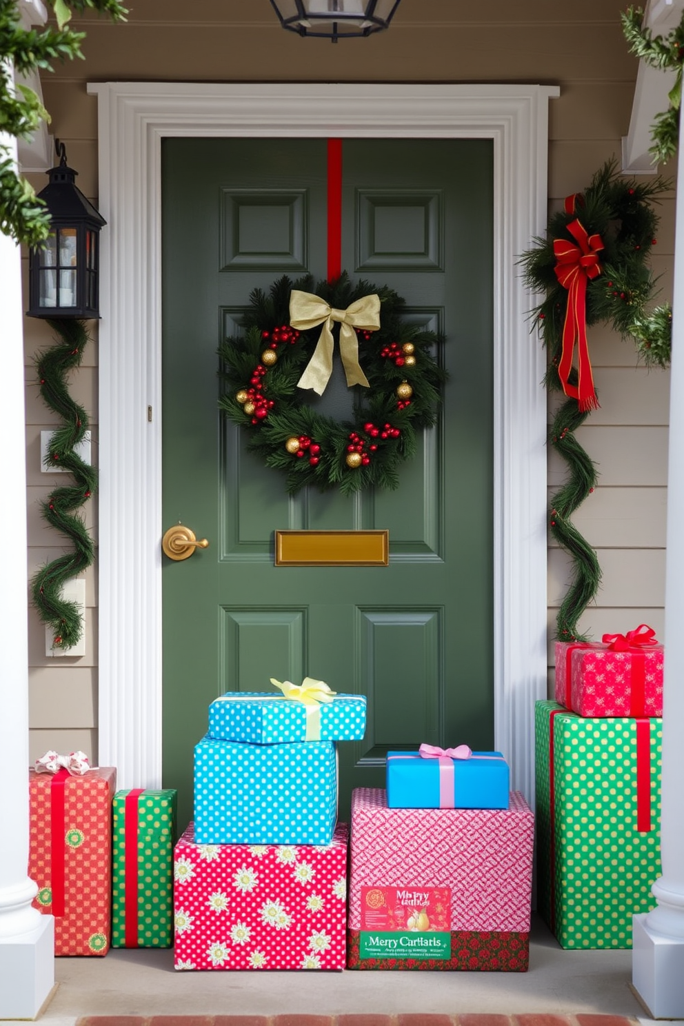 Colorful wrapped gift boxes are arranged neatly at the entrance of a charming front door. The scene is enhanced with festive decorations, including a wreath adorned with red and gold accents hanging on the door.