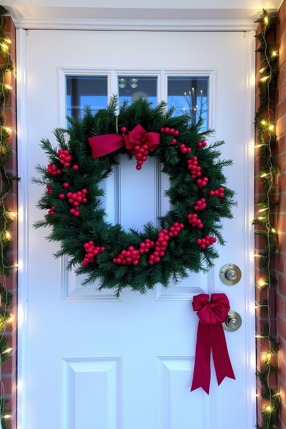 A traditional evergreen wreath adorned with vibrant red berries hangs prominently on the front door. Surrounding the door, twinkling fairy lights illuminate the entrance, enhancing the festive spirit of the holiday season.