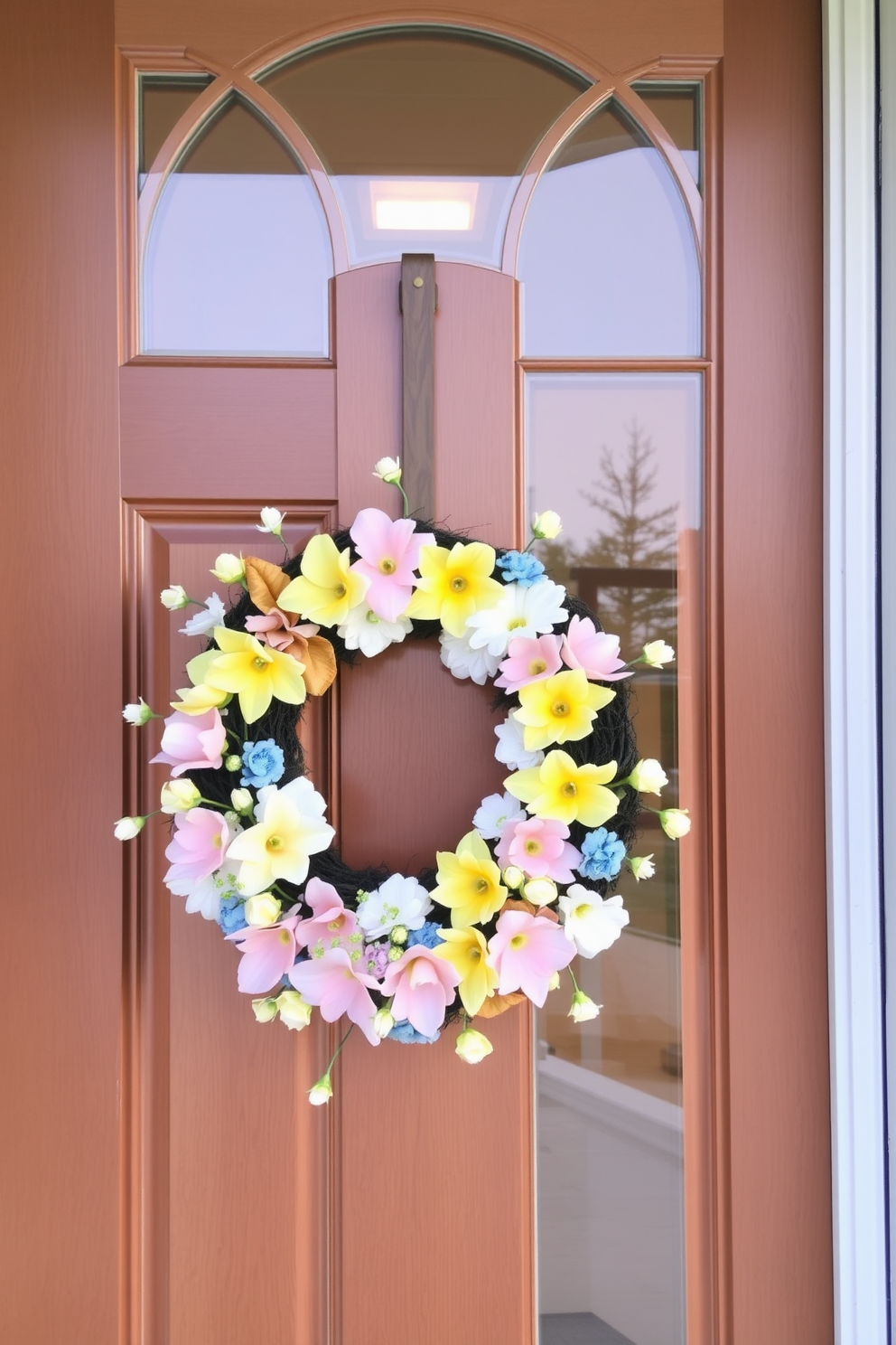 A charming Easter Bunny wreath adorned with vibrant floral accents hangs gracefully on the front door. The wreath features a playful bunny surrounded by an array of colorful blooms, creating a festive and welcoming atmosphere for spring celebrations.