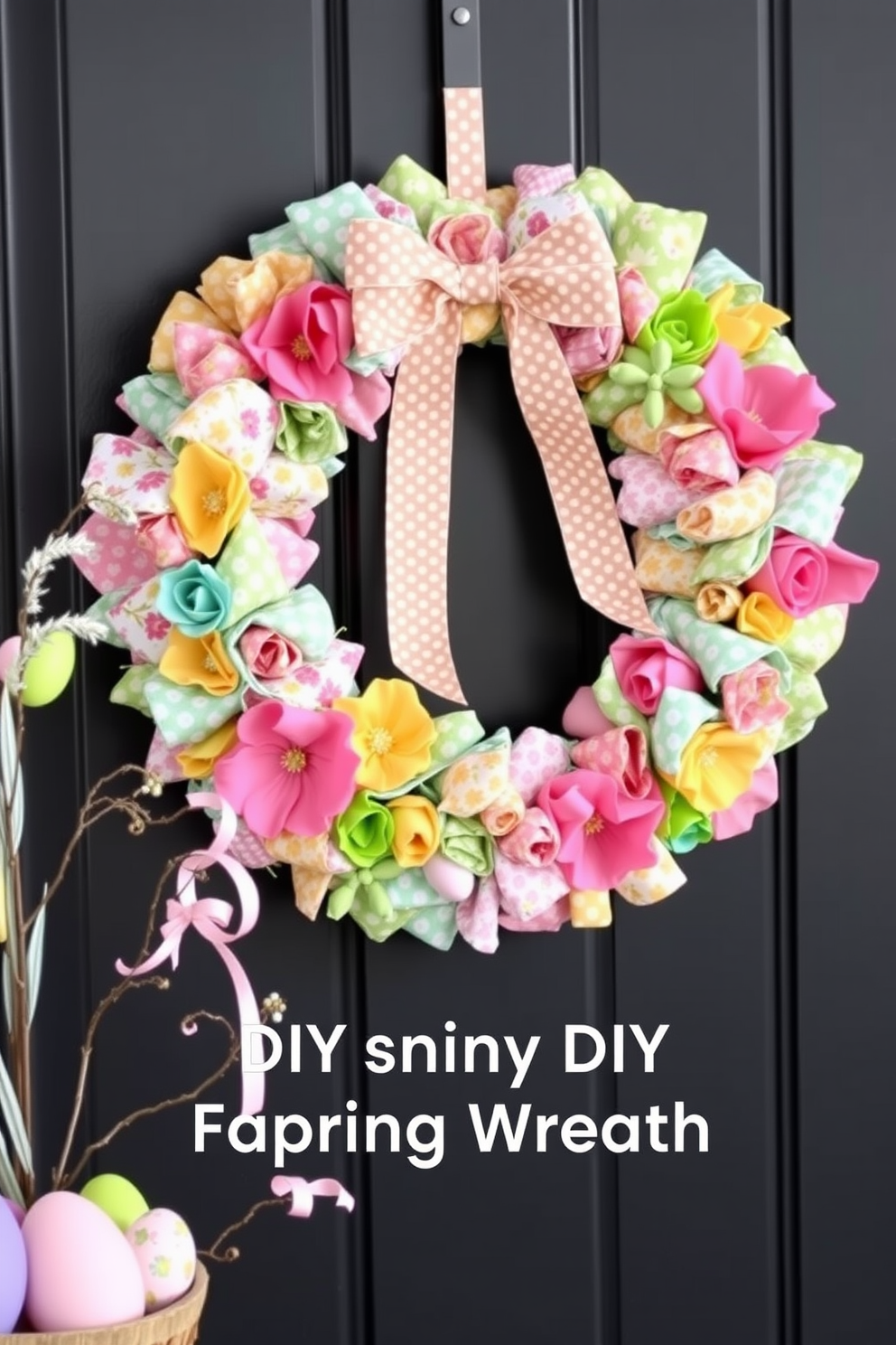 A charming front door adorned with a vintage style Easter basket overflowing with colorful eggs and spring flowers. The basket is made of woven wicker, accented with pastel ribbons, and hangs gracefully on the door, inviting warmth and joy to the entryway.