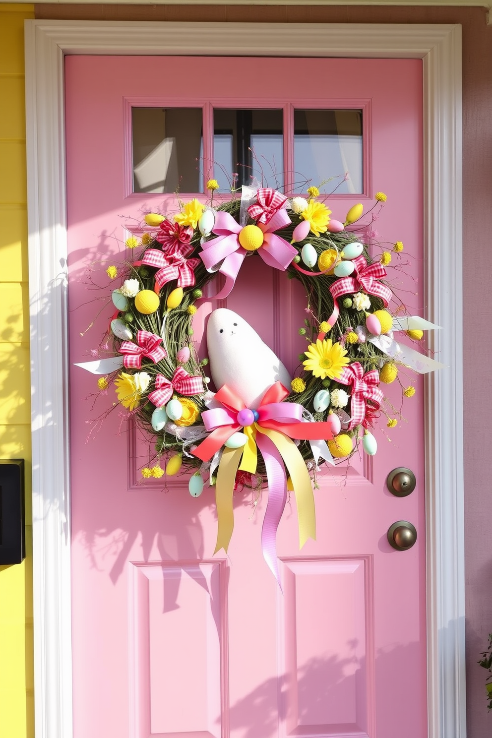 A whimsical door swag adorned with colorful ribbons and seasonal decorations welcomes guests. The front door is framed by cheerful pastel hues, creating a festive and inviting atmosphere for Easter celebrations.