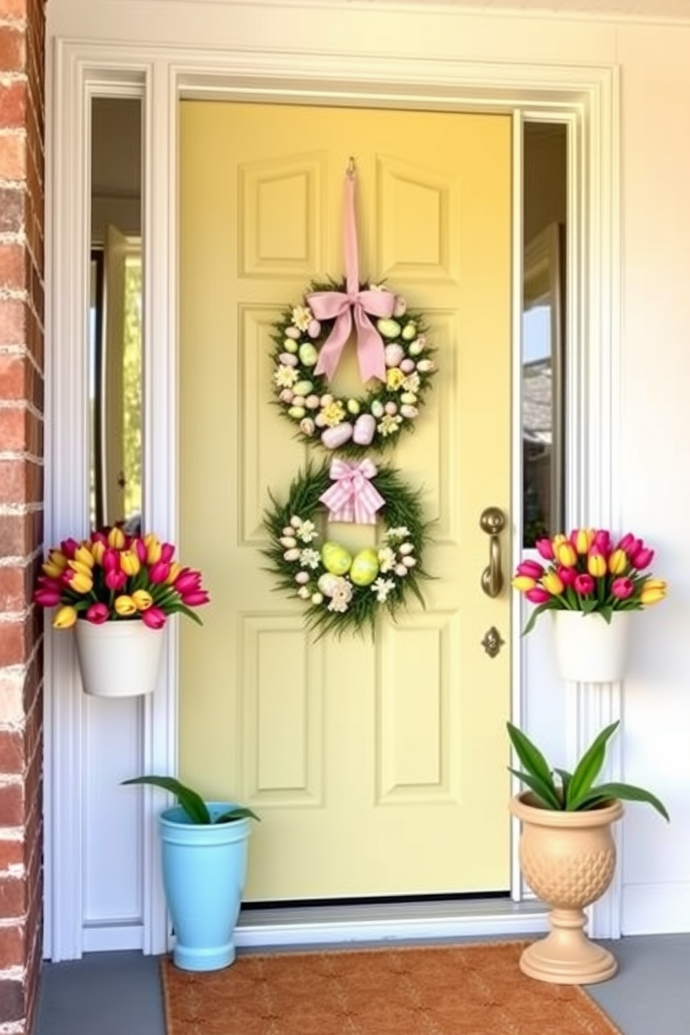 A charming front door adorned with vibrant potted tulips on either side. The entrance is decorated with cheerful Easter accents, including pastel-colored wreaths and decorative eggs.