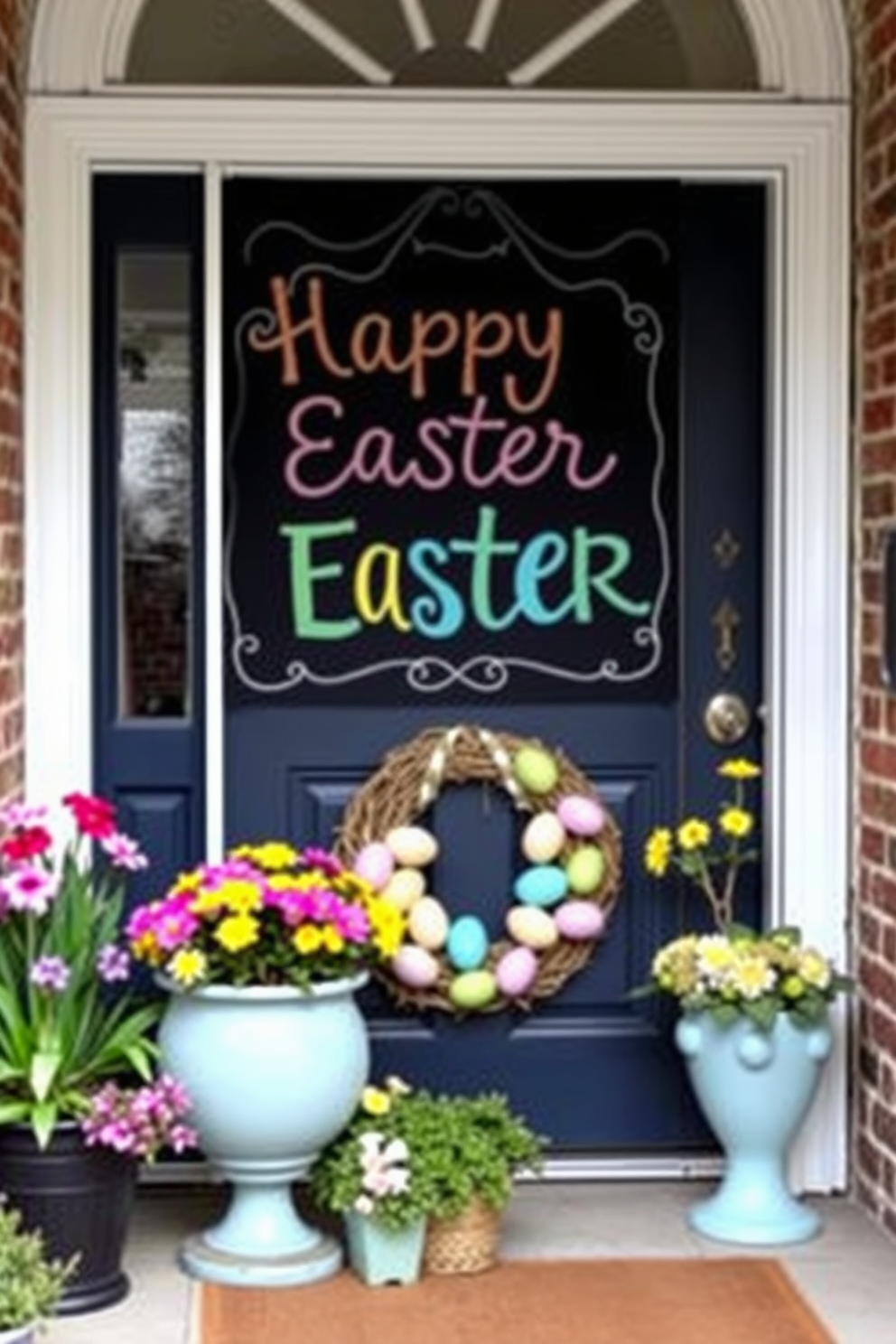 A charming front door adorned with a large chalkboard sign displaying cheerful Easter greetings in colorful chalk. Surrounding the sign, vibrant spring flowers in pots and a festive wreath with pastel-colored eggs create a welcoming atmosphere.