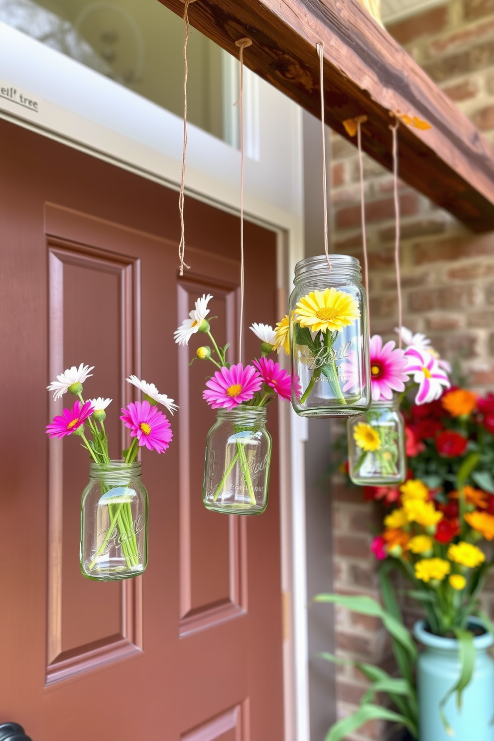 A charming front door adorned with hanging mason jars filled with vibrant spring flowers. The jars are suspended from a rustic wooden beam, creating a welcoming and festive atmosphere for Easter.