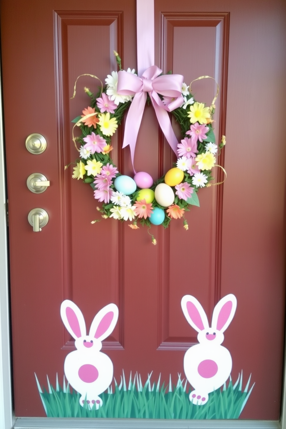 Cute bunny figurines are positioned on either side of the front door, welcoming guests with their playful charm. The bunnies are crafted from ceramic with pastel-colored finishes, adding a festive touch to the entryway. Surrounding the door, vibrant spring flowers bloom in decorative pots, enhancing the cheerful atmosphere. A colorful wreath adorned with Easter eggs hangs on the door, completing the delightful holiday decor.