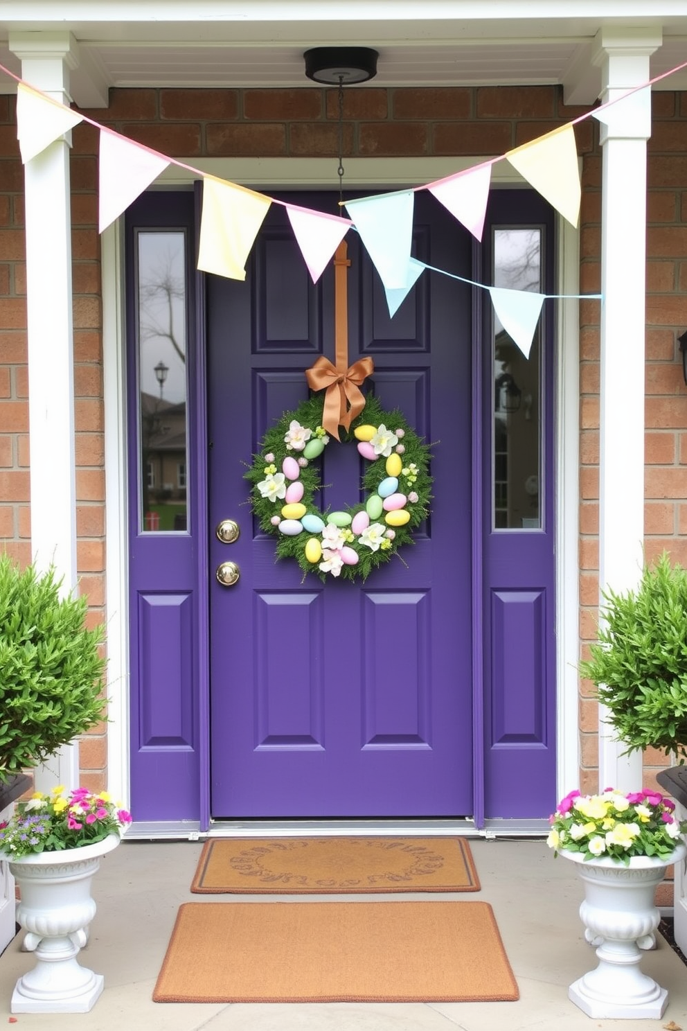 A cheerful porch decorated for Easter features pastel bunting hanging gracefully across the entrance. The front door is adorned with a vibrant wreath made of colorful eggs and spring flowers, inviting a festive atmosphere.