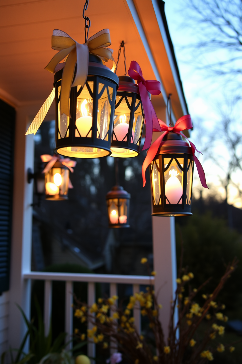 Easter-themed lanterns hang from the front porch, casting a warm and inviting glow in the evening light. The lanterns are adorned with pastel-colored ribbons and filled with decorative eggs, creating a festive atmosphere for welcoming guests.